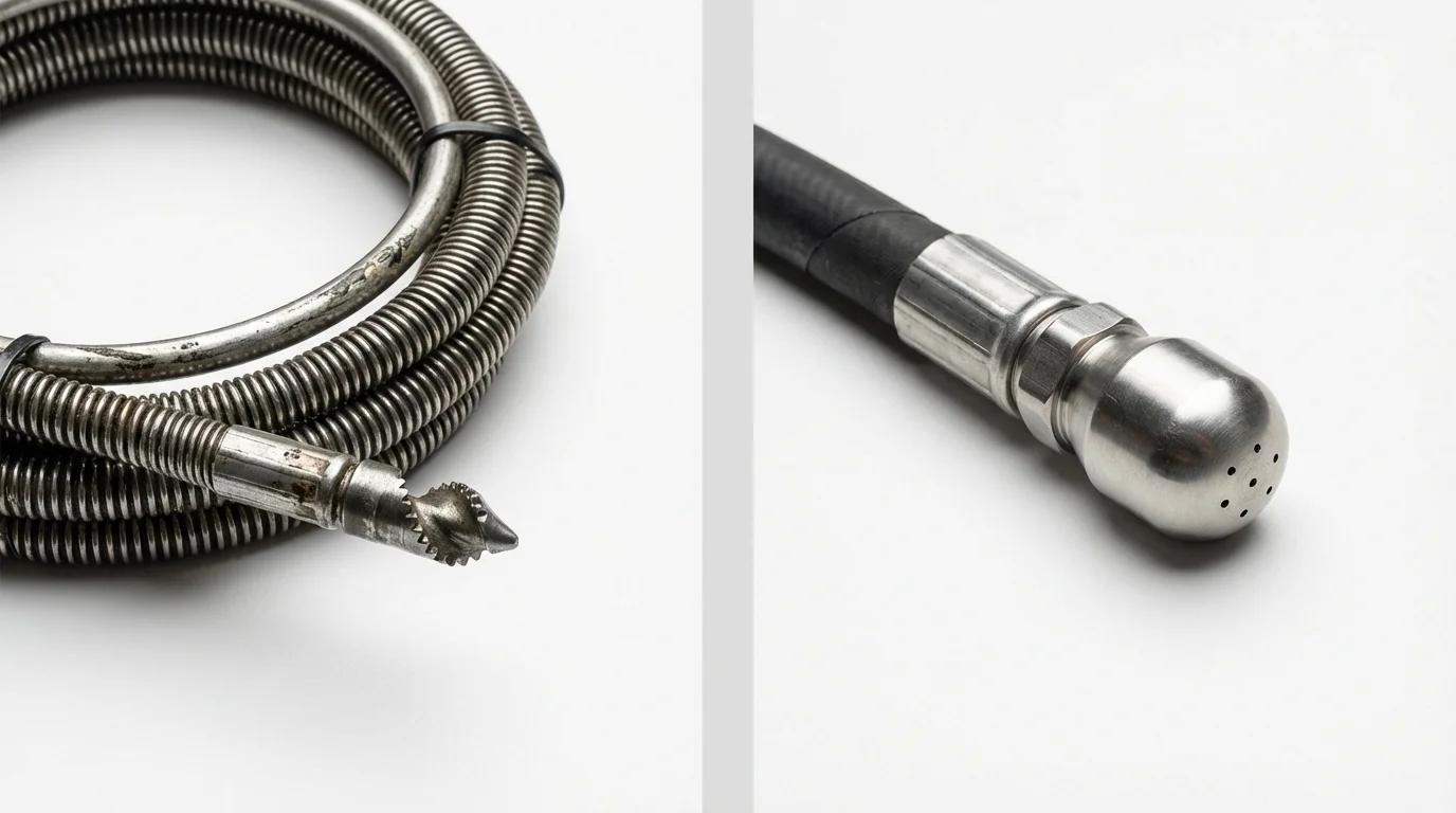 Drain snake cable and hydro jetting nozzle used for drain cleaning in Wayne, IL