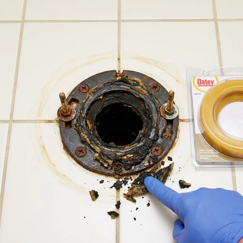 Failed wax ring showing water seepage at the base of a toilet in a Wayne, IL home