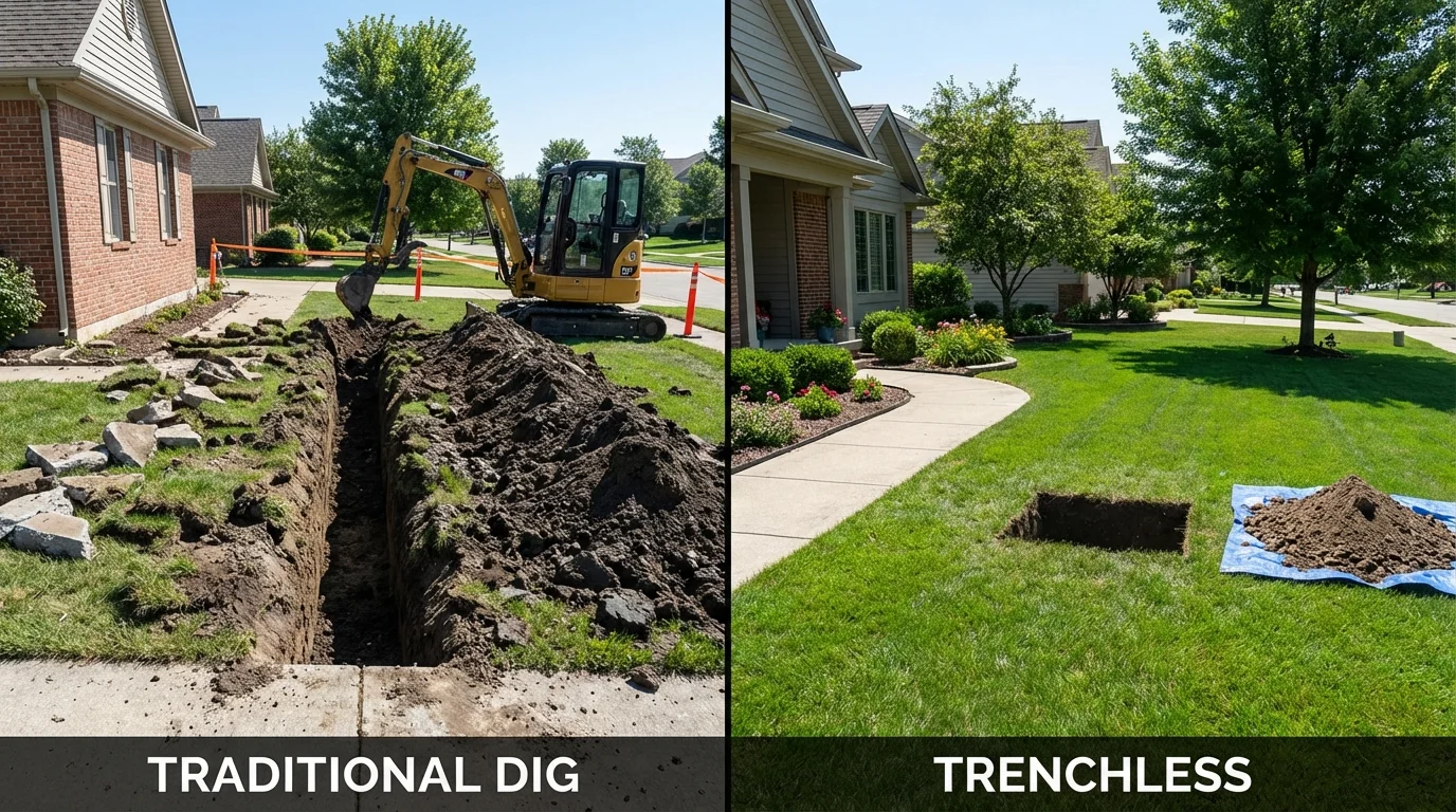Trenchless sewer repair with minimal yard damage versus traditional excavation in Wayne, IL