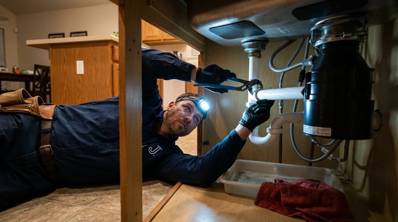 P-trap and supply line connections under a kitchen sink showing a common leak point in Wayne, IL